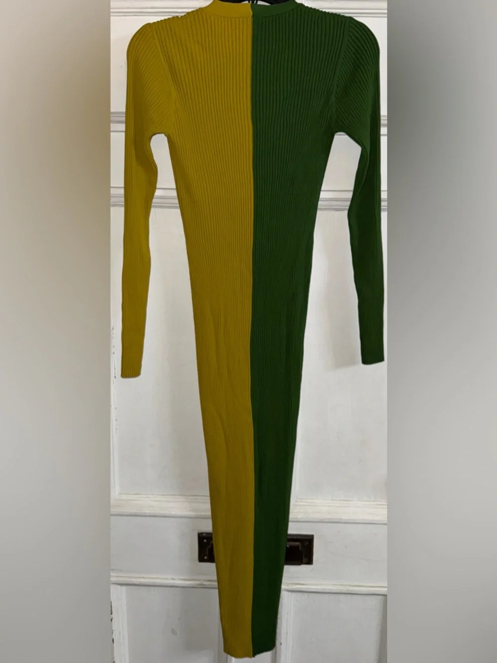 STAUD Two-Tone Ribbed Button-Front Midi Dress in Green and Mustard - Picture 3 of 5